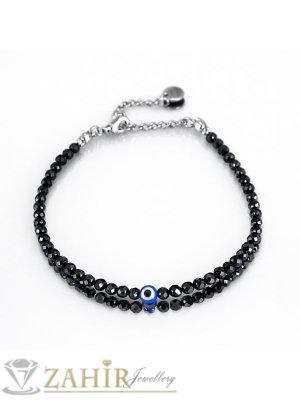 Гривна против уроки за ръка или глезен от естествен черен турмалин 3 мм топче фасета, синьо око и стоманени елементи, закопчалка и удължител - GA3160