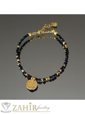 Лукс модел гривна за ръка или глезен от естествен черен турмалин 3 мм топче, стоманена монета 1 см и стоманени елементи, закопчалка и удължител - GA3168