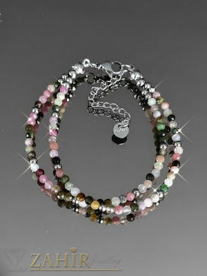 Двойна гривна за ръка или глезен от естествен разноцветен турмалин 3 мм топче и стоманени елементи, закопчалка и удължител - GA3173