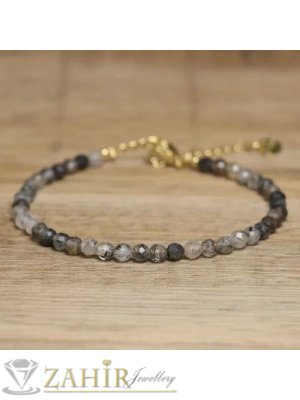 Бутикова хендмейд гривна за ръка или глезен от естествен бял кварц с турмалинови ивици 3 мм фасета, стоманени елементи, закопчалка и удължител - GA3192