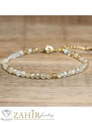 Лечебна гривна за ръка или глезен от естествен светъл цитрин 3 мм топче фасета и стоманени елементи, закопчалка и удължител - GA3194