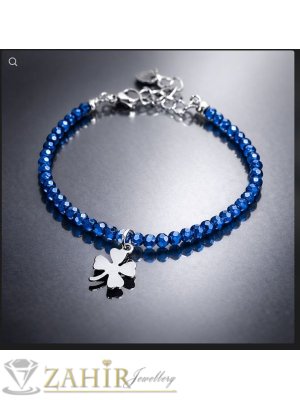 Четирилистна стоманена детелинка и сини кристални мъниста на стоманена гривна за крак или ръка-19 +7 см удължител, не променя цвета си, - GK1474