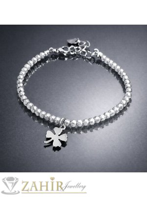 Четирилистна стоманена детелинка и сребристи кристални мъниста на стоманена гривна за крак или ръка-19 +7 см удължител, не променя цвета си, - GK1475