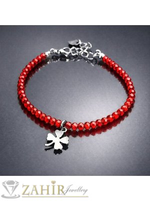 Четирилистна стоманена детелинка и червени кристални мъниста на стоманена гривна за крак или ръка-19 +7 см удължител, не променя цвета си, - GK1476