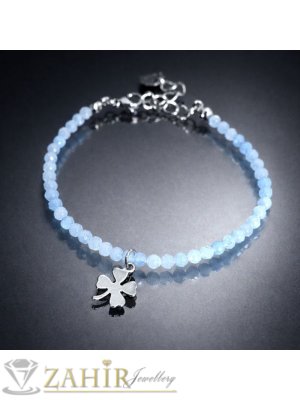 Четирилистна стоманена детелинка и светлосини кристални мъниста на стоманена гривна за крак или ръка-19 +7 см удължител, не променя цвета си, - GK1477