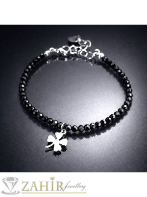 Четирилистна стоманена детелинка и черни кристални мъниста на стоманена гривна за крак или ръка-19 +7 см удължител, не променя цвета си, - GK1478