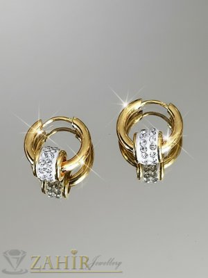 Ефектен дизайн с кристално топче 0,8 см на обеци тип халки с диаметър 1,8 см, позлатена медицинска стомана - H1017