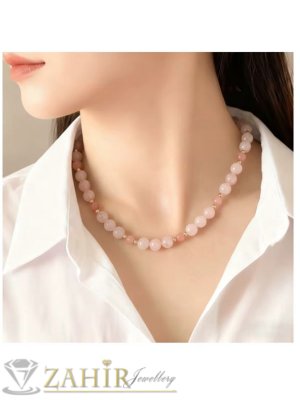 Романтично ръчно изработено колие от кръгли 8 мм естествени камъни розов кварц  и родохрозит 3 мм, стоманени мъниста и накрайници, 2 размера - KA1153