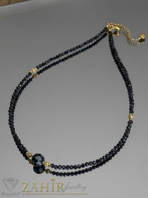 Прелестно ръчно изработено колие от малки 3 мм и 8 мм естествени камъни фасетиран снежен обсидиан, стоманени детайли и накрайници - KA1168
