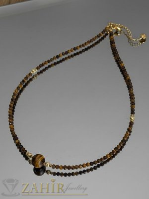 Прелестно ръчно изработено колие от малки 3 мм и 8 мм естествени камъни фасетиран кафяво тигрово око, стоманени детайли и накрайници - KA1169