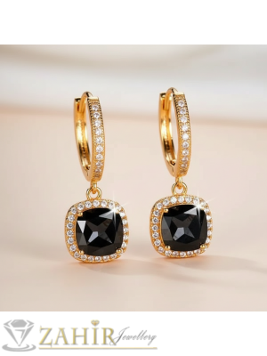 Уникални блестящи халки с висулка четвъртит черен фасетиран циркон с малки бели кристали,златно покритие, английско закопчаване, размери 2,6 на 1 см   - O3148