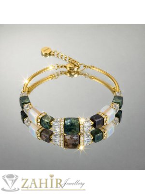 Прелестна хендмейд гривна с позлатени полирани извити дъги от стомана,лунен камък 8 мм, зелен турмалин 6 и 8 мм, циркониеви кристали и кристални рингове, позлатени стоманени детайли, регулируем размер   - V1210