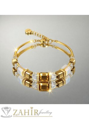 Прелестна хендмейд гривна с позлатени полирани извити дъги от стомана,лунен камък 8 мм, позлатен хематит 8 мм, циркониеви кристали и кристални рингове, позлатени стоманени детайли, регулируем размер   - V1211