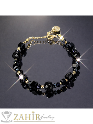 Великолепна хендмейд гривна с естествени камъни черен турмалин куб 7 мм, изяшни черни кристали и  стоманени детайли, размер 17-22 см  - V1227