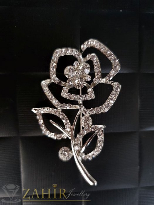 Дамски бижута - Красива брошка кристално цвете със сребърно покритие -дълга 6 см, широка 3,5 см - B1042