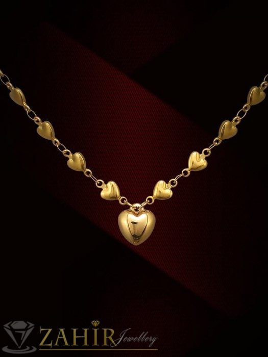 Дамски бижута - Много нежно сърце на верижка със сърца в 3 размера, позлатена стомана - K1407