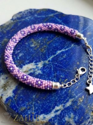  Хендмейд плетена гривна от оригинални чешки  розови, лилави и бели ситни стъклени мъниста със закопчалка и удължител - N1013