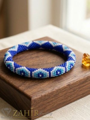 Стилна гривна синьо око от оригинални чешки бели и сини стъклени мъниста  Preciosa Ornela - N1019