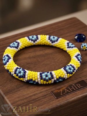 Жълта гривна със синьо око Назар от оригинални чешки стъклени мъниста  Preciosa Ornela - N1024