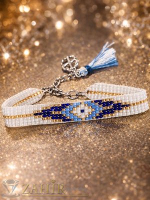 Уникална ръчно изработена регулираща се гривна синьо око с малки оригинални чешки стъклени мъниста - N1040