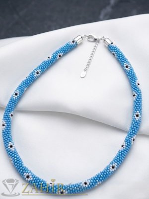 Уникално ръчно плетено колие на една кука от стъклени чешки сини мъниста със закопчалка и удължител, 3 размера - N1049