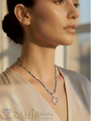    Свежо ръчно изработено колие с висулка стъклена капка 2,5 см с кристали и разноцветни стъклени мъниста 2 мм, дълго 41 + 5 см - N1315