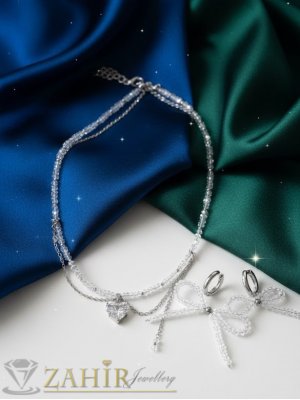 Уникален комплект от колие тип чокър с висукла кристално сърце, изработени от прецизно триъгълни прозрачни мъниста и обеци халки с панделки, колие 3 дължини  - N1634