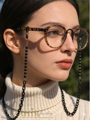   Атрактивна черна верижка за очила с черни детелини с кристали и деликатни мъниста, дълга 77 см - N1683