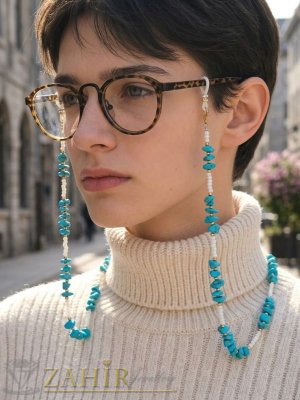   Супер яка ръчно изработена верижка за очила с бели стъклени и тюркоазени чипс мъниста, дълга 75 см - N1694