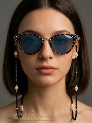  Стилна хендмейд верижка за очила, класическа комбинация от черни фасетирани кристални, фини мъниста и перли, дълга 70 см - N1695