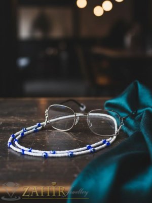  Красива верижка 3-в-1 в изработена от чисто бели мъниста и акценти от наситено сини очи, дълга 76 см - N1704