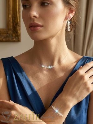  Изключителен комплект с прозрачни триъгълни мъниста от колие 36+5 см върху невидима корда, гривна 17+5 см и обеци 5 см - N1707