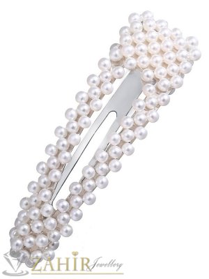 Топ-хит луксозна шнола с нежни перли, дълга 9 см,тик-так закопчаване, сребриста основа - FI1010