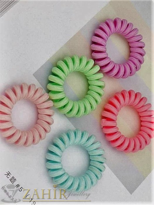 Аксесоари за коса - 5 бр. тъкан ластик спирала със светли цветове, голям 5 см, носи се на опашка или за гривна - LS1011