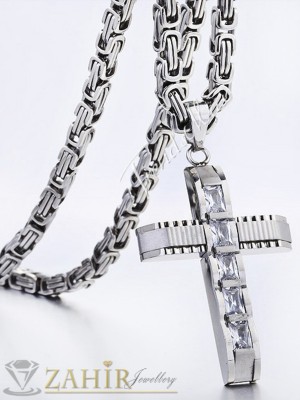 Супер красив кръст от неръждаема стомана с 5 фасетирани циркона - 5 см дълъг и ланец 60 см от неръждаема стомана - MK1167