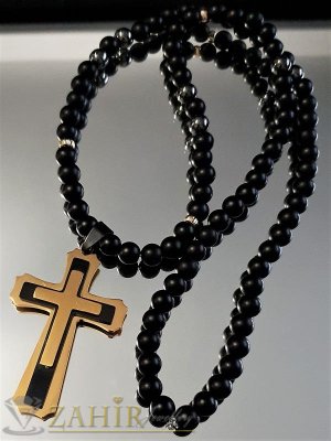 Перфектно колие в 3 размера от ест. оникс 8 мм с висулка стоманен кръст 6 см- MK1180