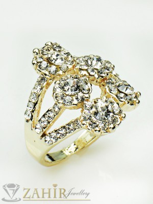  Блестящи бели кристални цветя на нежен пръстен със златно покритие - P1340